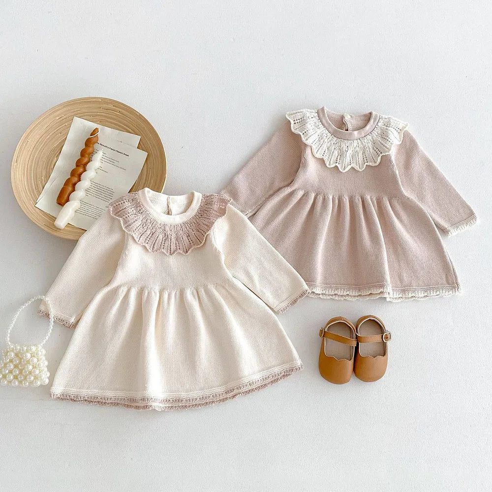 MQTIME - New 2024 Autumn Girl's Knitted Dress Children's Sweet Lotus Leaf Collar Sweater A-line Princess Dress Kid's Clothing