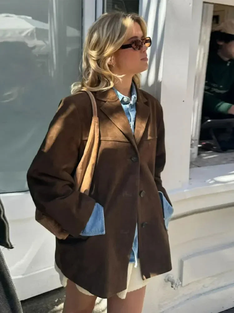 MQTIME - Woman Fashion Brown Lapel With Pocket Jacket Vintage Single Breasted Long Sleeve Short Coat Autumn Lady High Street Outerwear