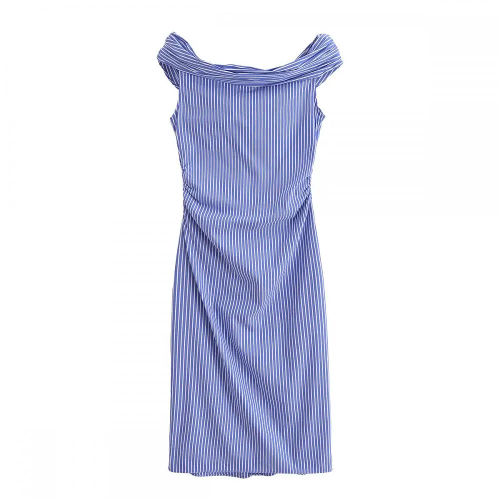 MQTIME - Summer Stripe Off Shoulder Long Dress Casual Sleeveless Single Breasted Dresses V-Neck Pleated Versatile Vestidos for Streetwear