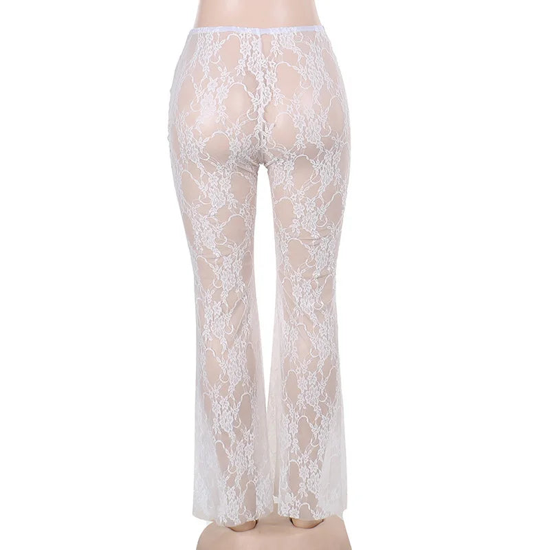 nvxiot - Bow Splice Sheer Lace Flare Pants Women Sexy See Through High Waist Slim Boot Cut Trousers Hot Girls Clubwear Party Bottoms