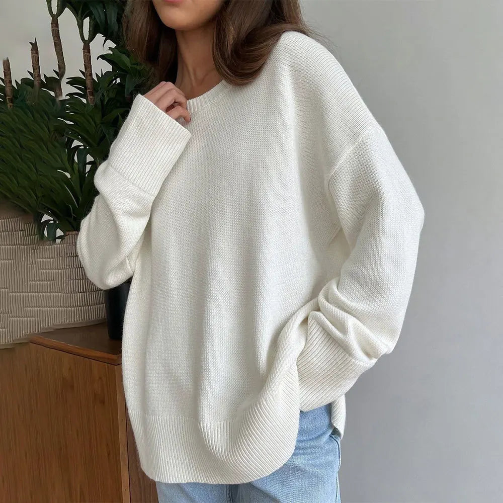 nvxiot Blue Basical O-Neck Slit Sweater Knitwear Women Autumn Long Sleeve Knitted Pullovers Loose-fit Casual Jumpers Clothing