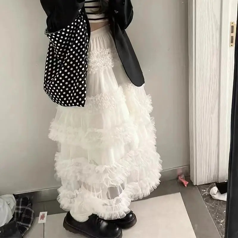 MQTIME - Japanese Sweet Fluffy Cake Gauze White Skirt Summer Versatile Fairy Loose Meat Covering High Waist Slim Long Skirts for Women