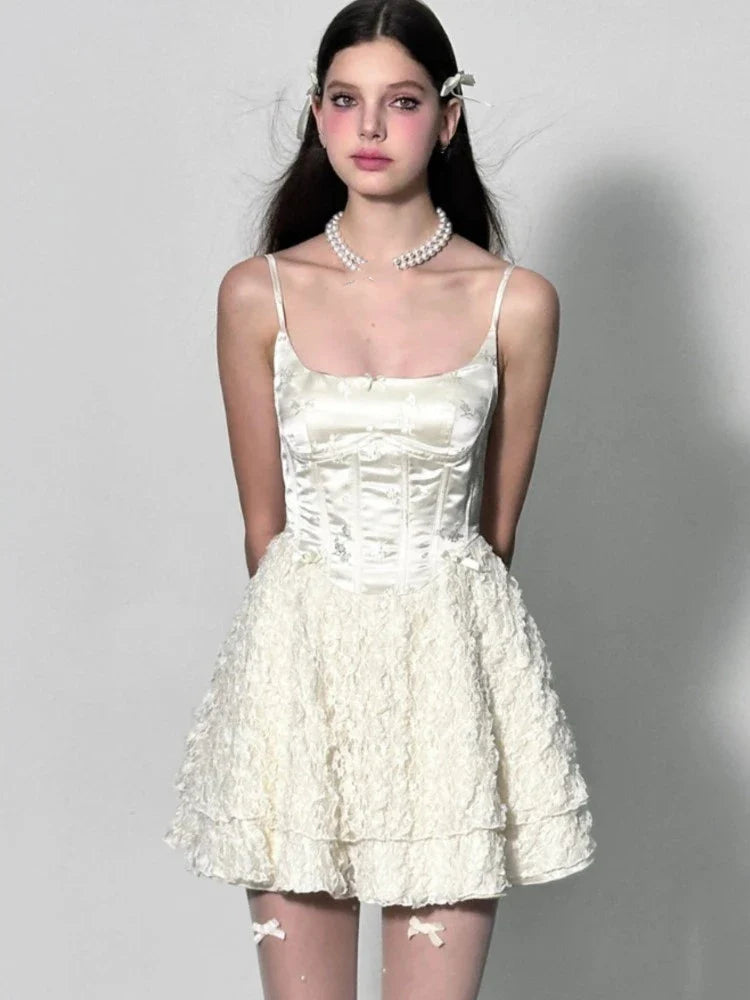 MQTIME - Y2K Short Dresses for Women Summer New High Waist White Lace Party Spaghetti Strap Streetwear Korean Ruffles A-line Mini Vestido