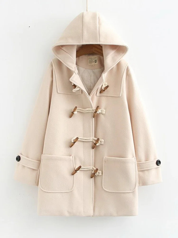 nvxiot - Winter Women Wool Blends Coat Straight Long Hooded Coats Jacket Horn Button Sleeve Preppy Style Female Warmness Outwears