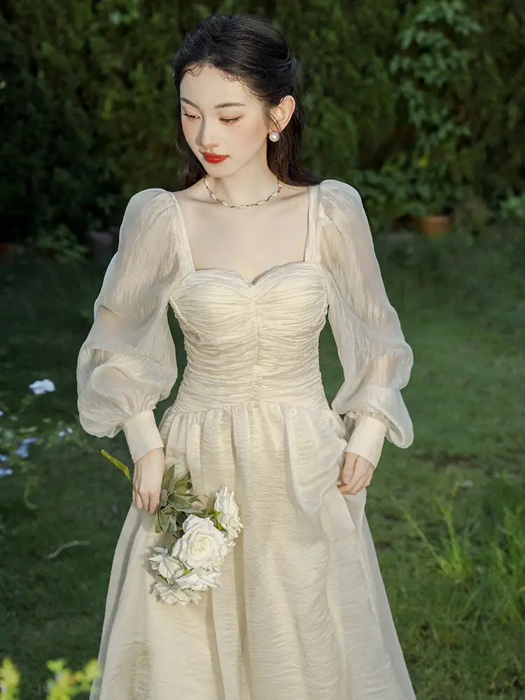 MQTIME - French Sweet High Grade Waist Slimming Bubble Sleeve Vintage Dress for Women Spring Square Neck Gentle Style A-line Long Dresses