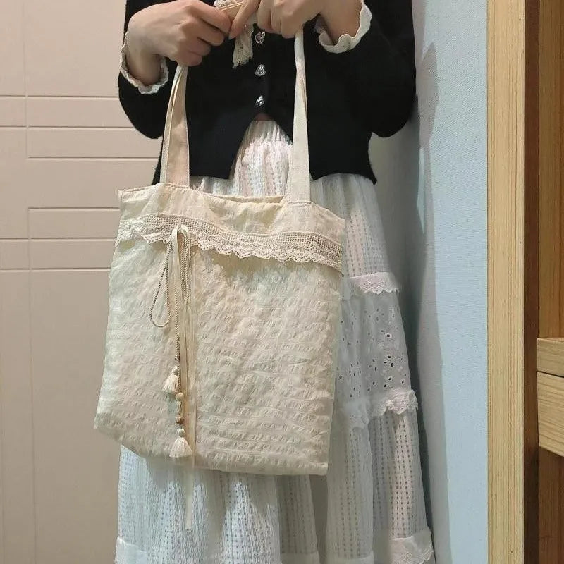 nvxiot - Harajuku Beige Canvas Shoulder Bags Women Vintage Lace Large Capcity Tote Bag Purse Female Versatile Casual Handbag Y2k