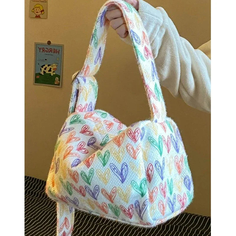 nvxiot Autumn & Winter Rainbow Love Square Bag for Women Cute Colorful Printed Plush Shoulder Bag Fashion Female Casual Crossbody Bags