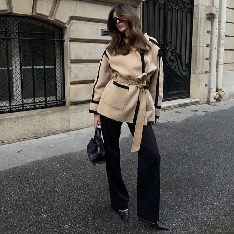 nvxiot - Casual Lace Up Women's Coat Cardigan Long Sleeve Winter Outerwears Fashion High Street Elegant Warm Jacket Female Commut Coats