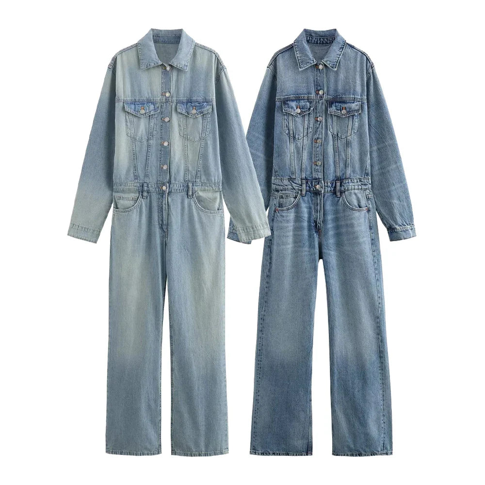 nvxiot - 2024 Summer New Women's Retro Polo Collar Long sleeved Washed Effect Patch Bag Decoration denim jumpsuit