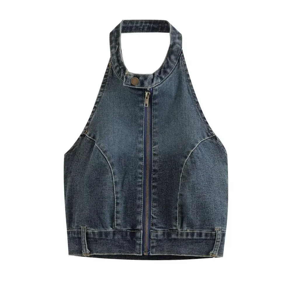 MQTIME - 2024 Summer New Product Women's Vintage Personalized Denim Tank Top with Hanging Neck Slim Fit Top