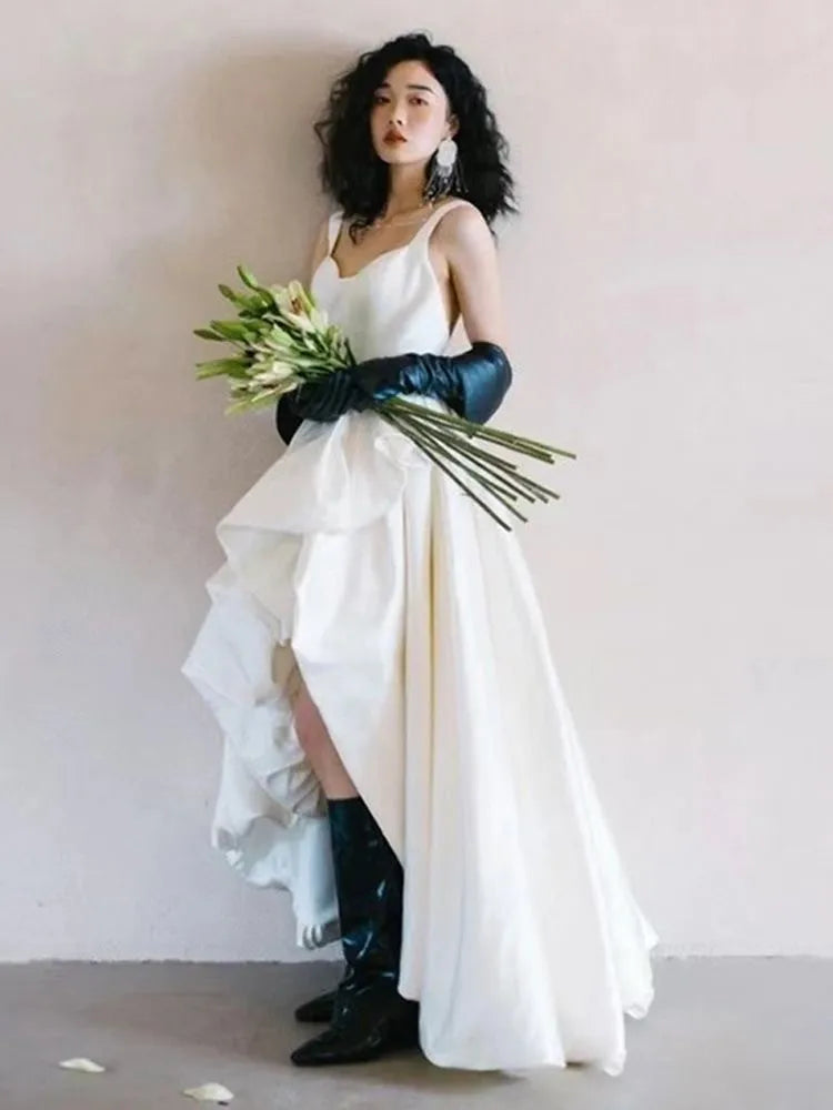 MQTIME - 2024 Summer Regular Straps Satin Long Dress Vintage Custom Made Wedding Gown Party Evening Dress Women Bridal Dresses Vestidos