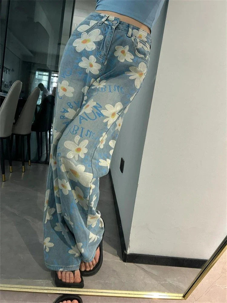 nvxiot - Women's Daisy Printed High Waisted Jeans Summer Street Cool Girl Bottoms Wide Legs Irregular Pants Female Baggy Denim Trousers
