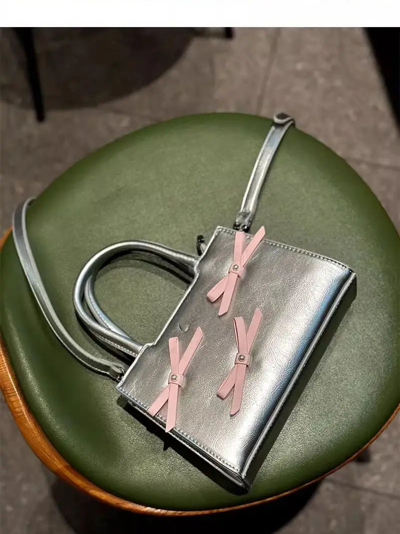 nvxiot - Hot Girls Bow White Mini Tote Bag Women Sweet Cool Bow Chic Leather Y2k Hand Bag Ladies Harajuku Aesthetic Messenger Bag