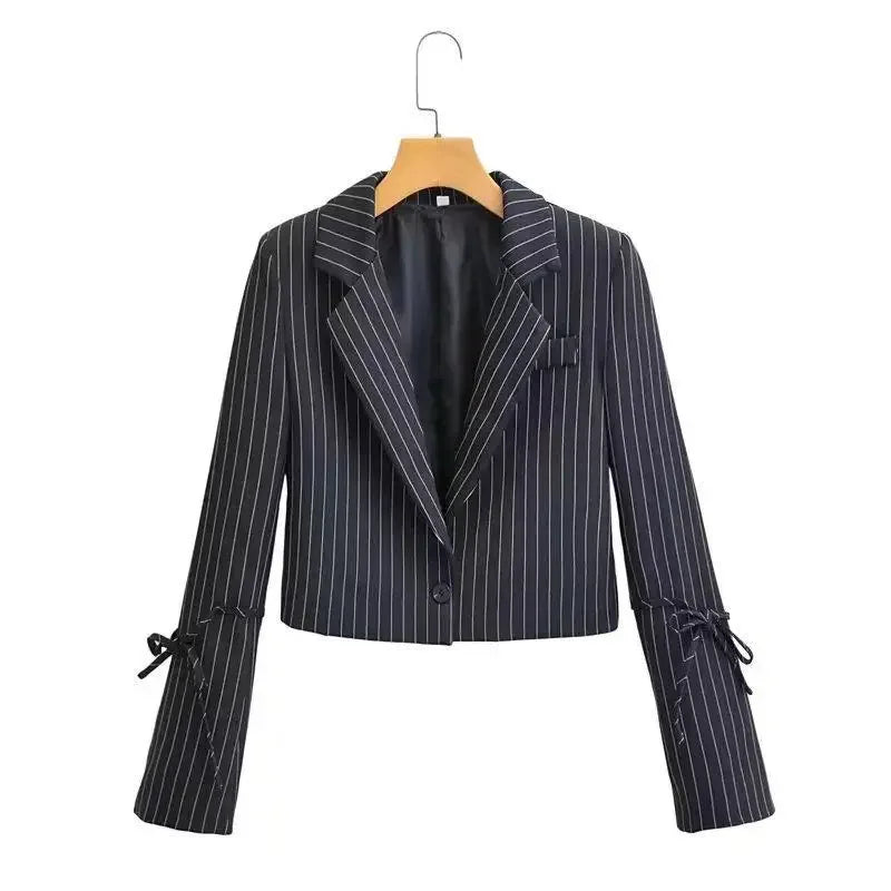 MQTIME - Fashion Ladies Long Sleeve Striped Double Button Elegant Office Ladies Cutaway Fashion Crop Top Women's Ulzzang All-match