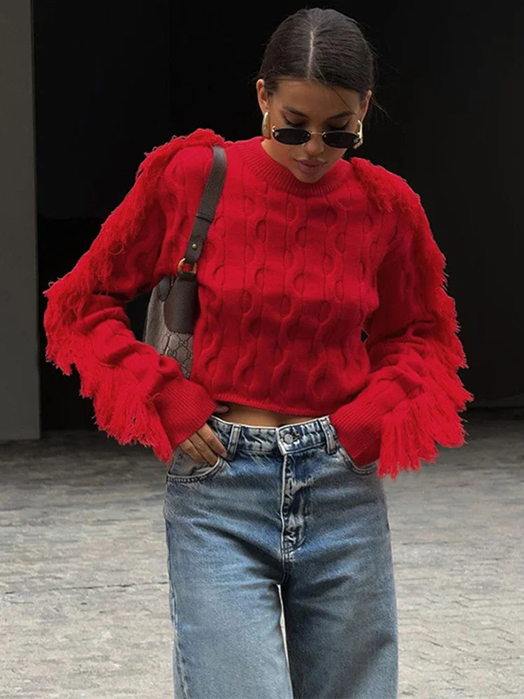 MQTIME - Tassel Long Sleeve Sweater For Women's 2024 Winter Slim O Neck Short Pullover Autumn Street Red Trendy Slim Knit Sweater
