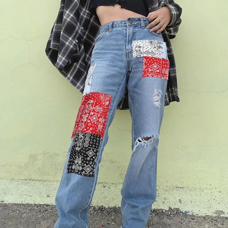nvxiot - New Fashion Streetwear Bandana Patchwork Denim Pants Hole Ripped Jeans Women Fashion High Waist Jeans Straight Trousers