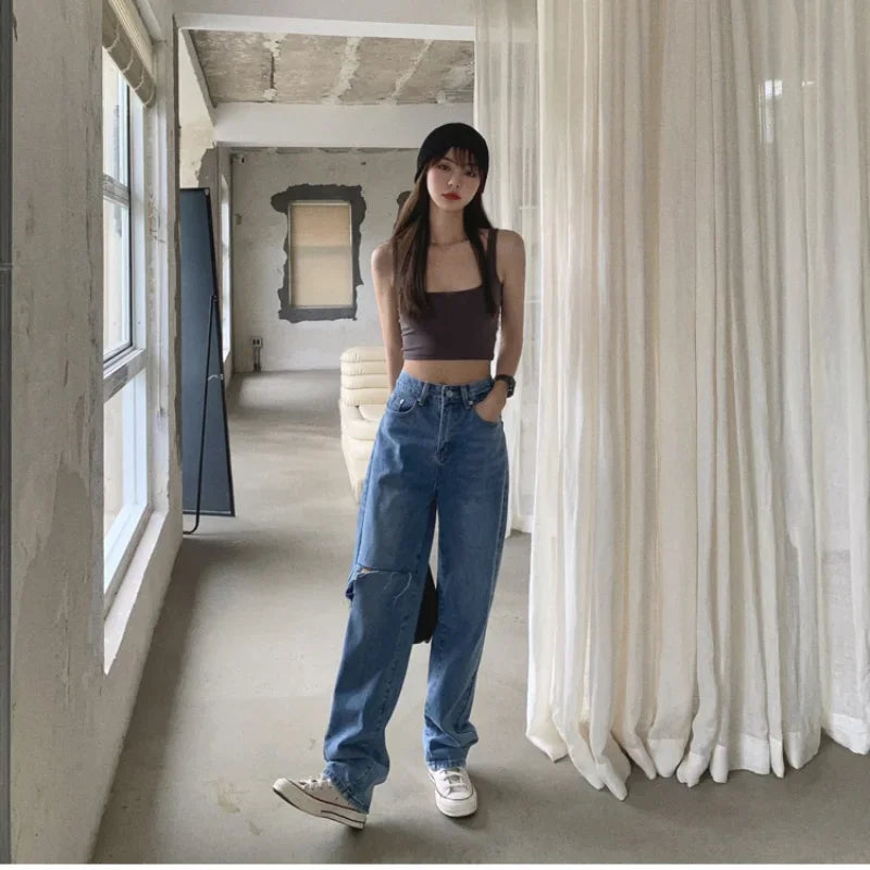 nvxiot - New Summer Women High Waist Straight Jeans Street Style Casual Ripped Hole Jeans Female Blue Washed Loose Pop Denim Pants
