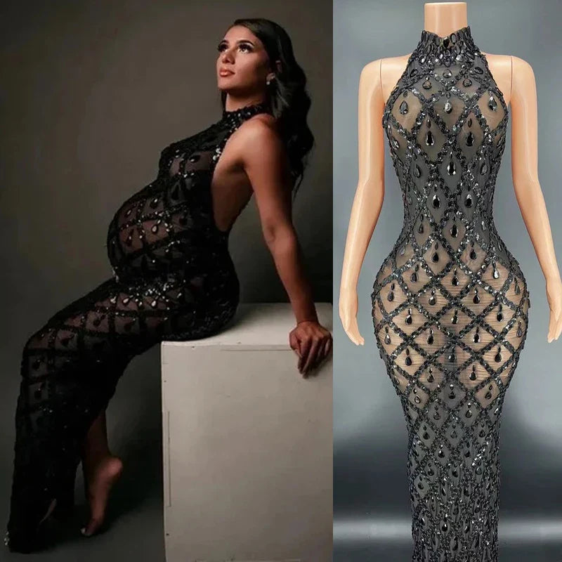 MQTIME - Embellished Maternity dress for pregnancy photoshoot Sexy sparkling Rhinestone Ladies evening sleeveless Dresses