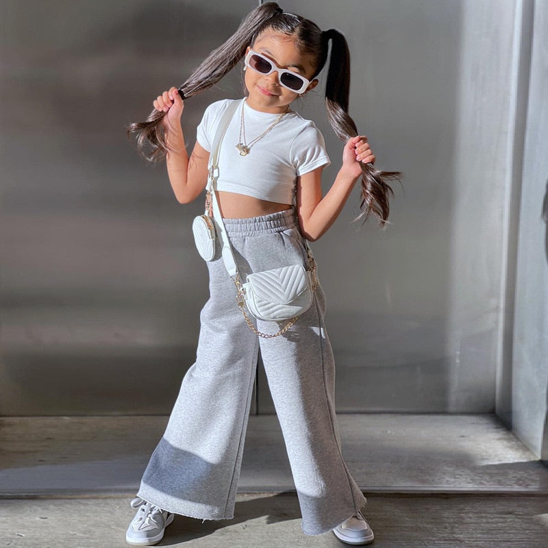 nvxiot Child Girl 2pcs/set Short Sleeve White Crop Tops+High Waist Sport Pants Clothing Suits Baby Kids Girl Fashion Outfits Children's