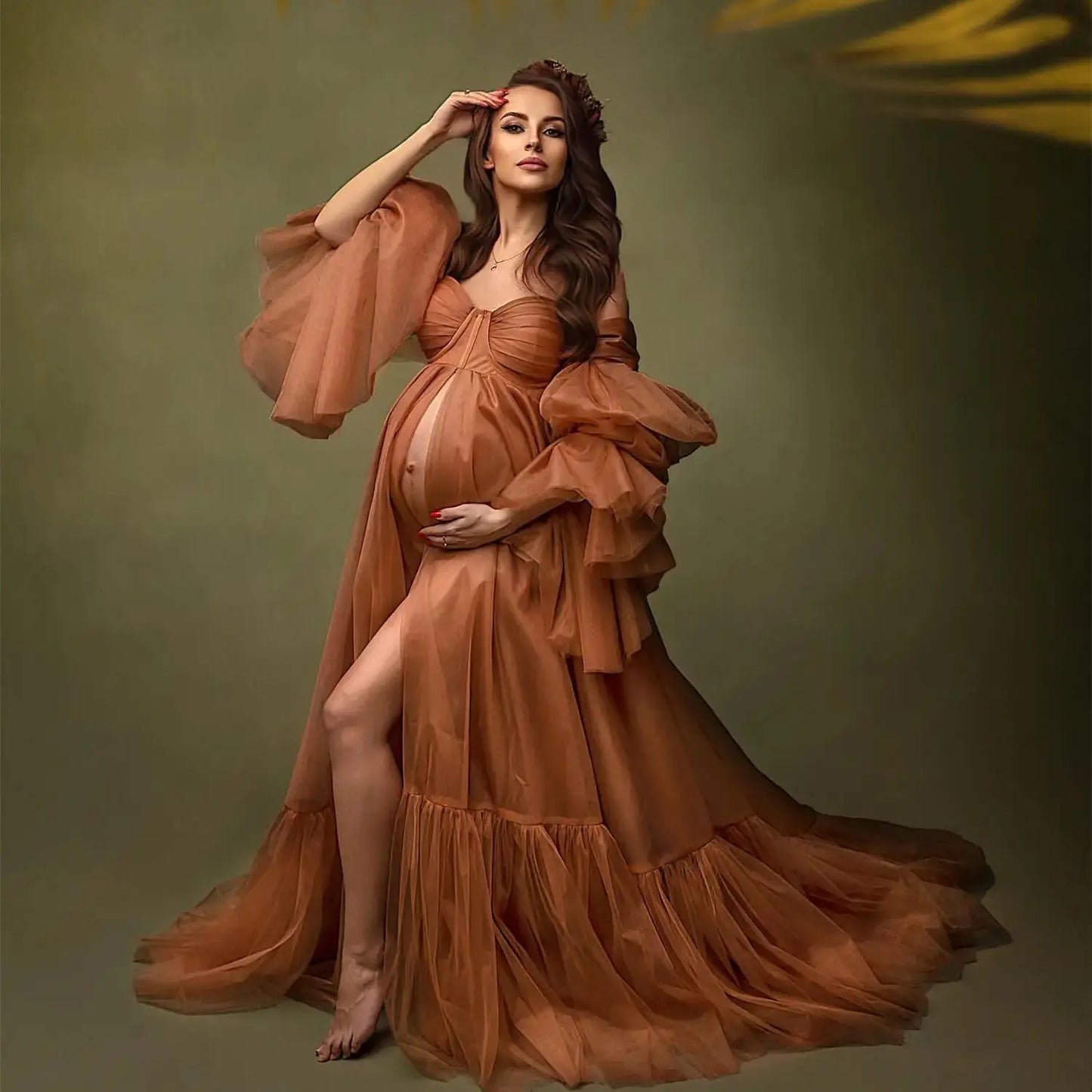 nvxiot - Vintage Brass Tulle Open Front Pregnant Women's Photography Dress with Puff Sleeves Off Shoulder Maternity Gown for Photoshoot