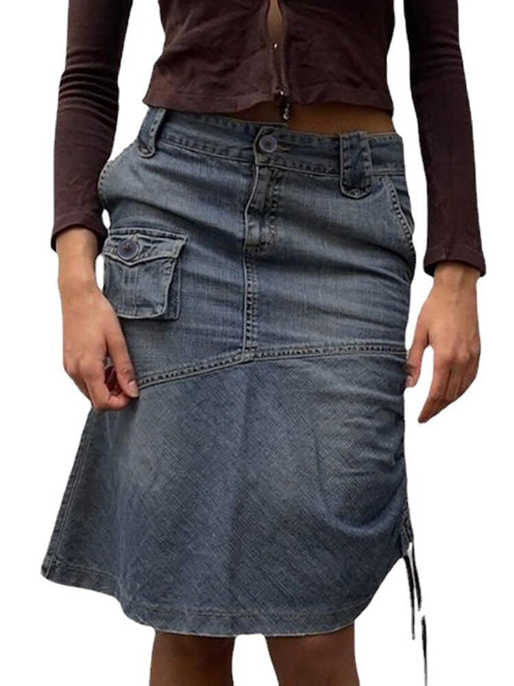 nvxiot Vintage Denim Jeans Skirt Women Autumn High Street Casual Drawstring Pleated Pocket Midi Skirts Bottoms Y2K Clothing
