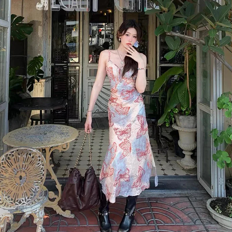 nvxiot - Elegant Vintage Slim Print Midi Dresses for Women Sleeveless Spaghetti Strap Red Butterfly Fashion Women's Clothing Summer 2024