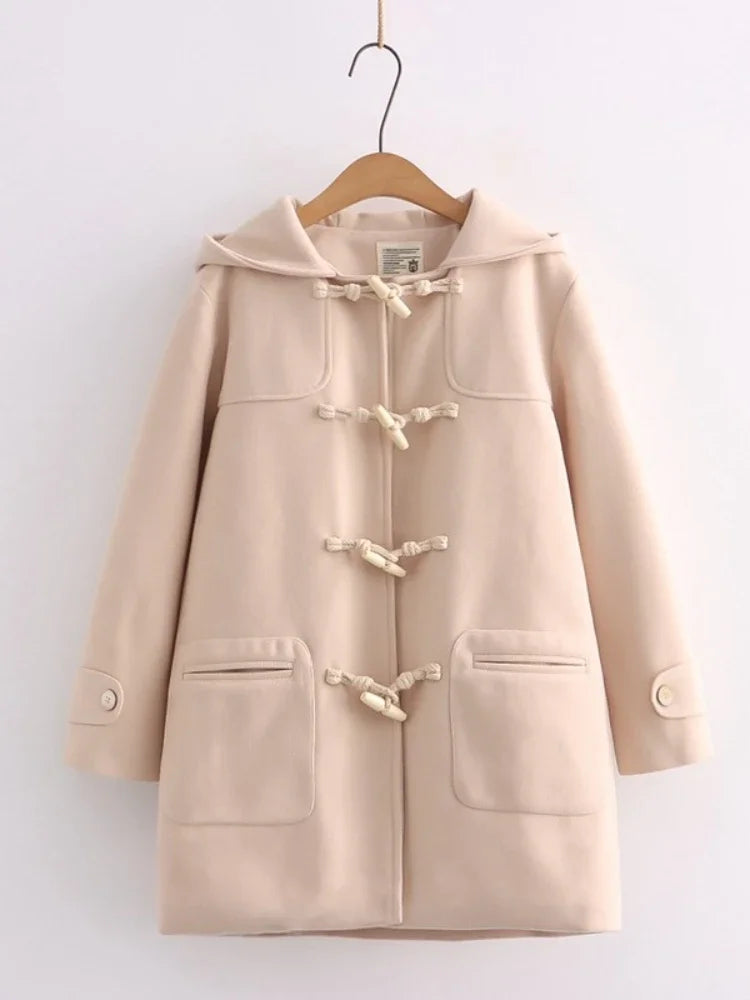 nvxiot - Winter Women Wool Blends Coat Straight Long Hooded Coats Jacket Horn Button Sleeve Preppy Style Female Warmness Outwears