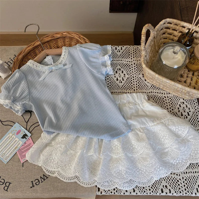 MQTIME - 2024 Summer 2-6Y Girl Clothes Set Cotton Ribbed Knotbow Ruffle Sleeve Kid Girl Top Suit Lace Elastic Waist Skirt Kid Girl Outfit