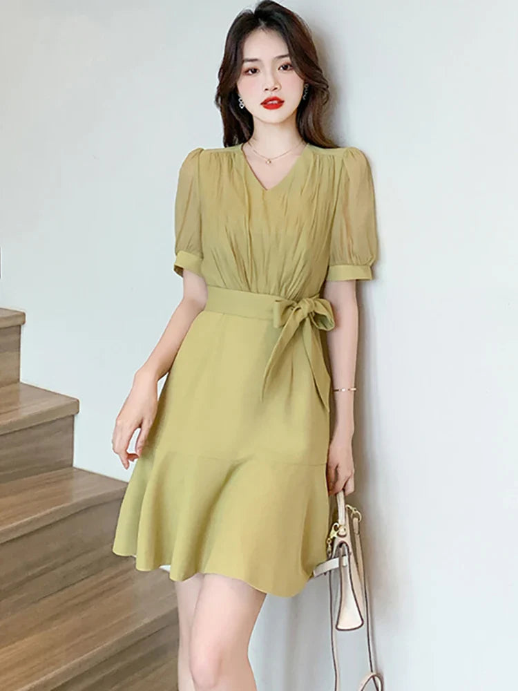 MQTIME - Summer Pink Short Sleeve V-Neck Mini Dress Women Green Elegant Chic Ruffled Mermaid Dress 2024 Solid Bodycon Party Evening Dress
