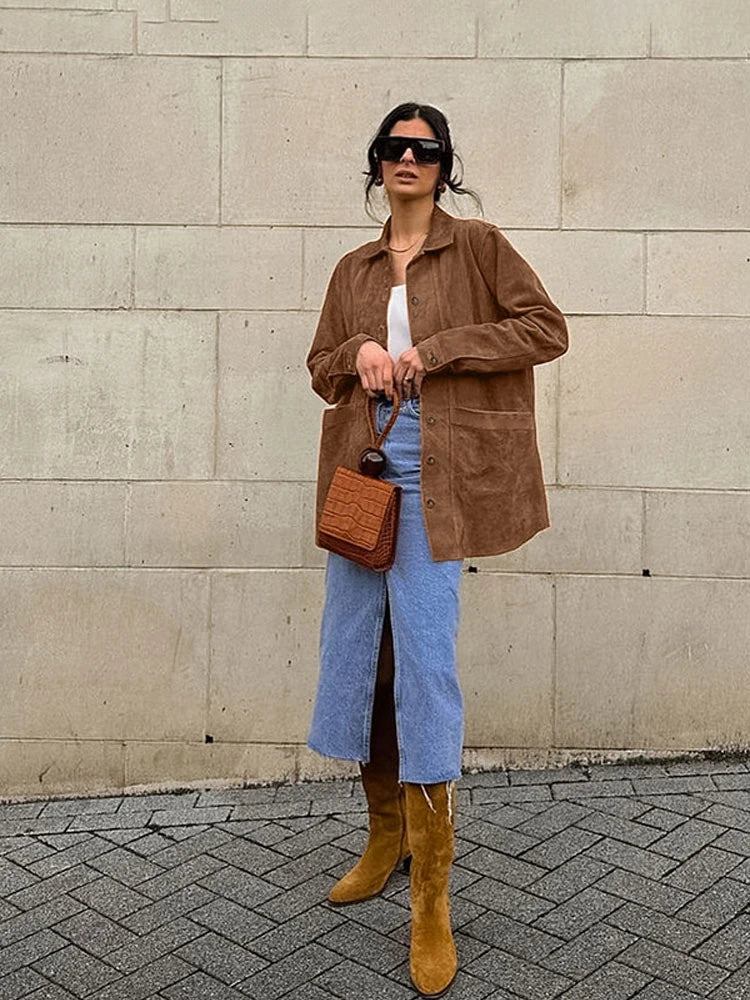 MQTIME - Fashion Suede Turn Down Collar Coat for Women Casual Single Breasted Pocket Loose Female Jackets 2024 Autumn Winter Lady Coats