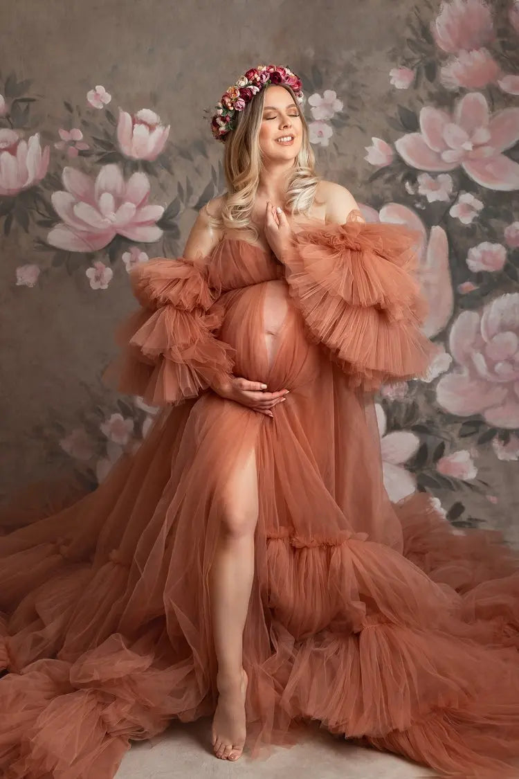 nvxiot - Elegant Tulle Cardigan Maternity Dress For Photoshoot Long Pleated Hem Detachable Sleeves Pregnant Women Dress For Wedding Guest