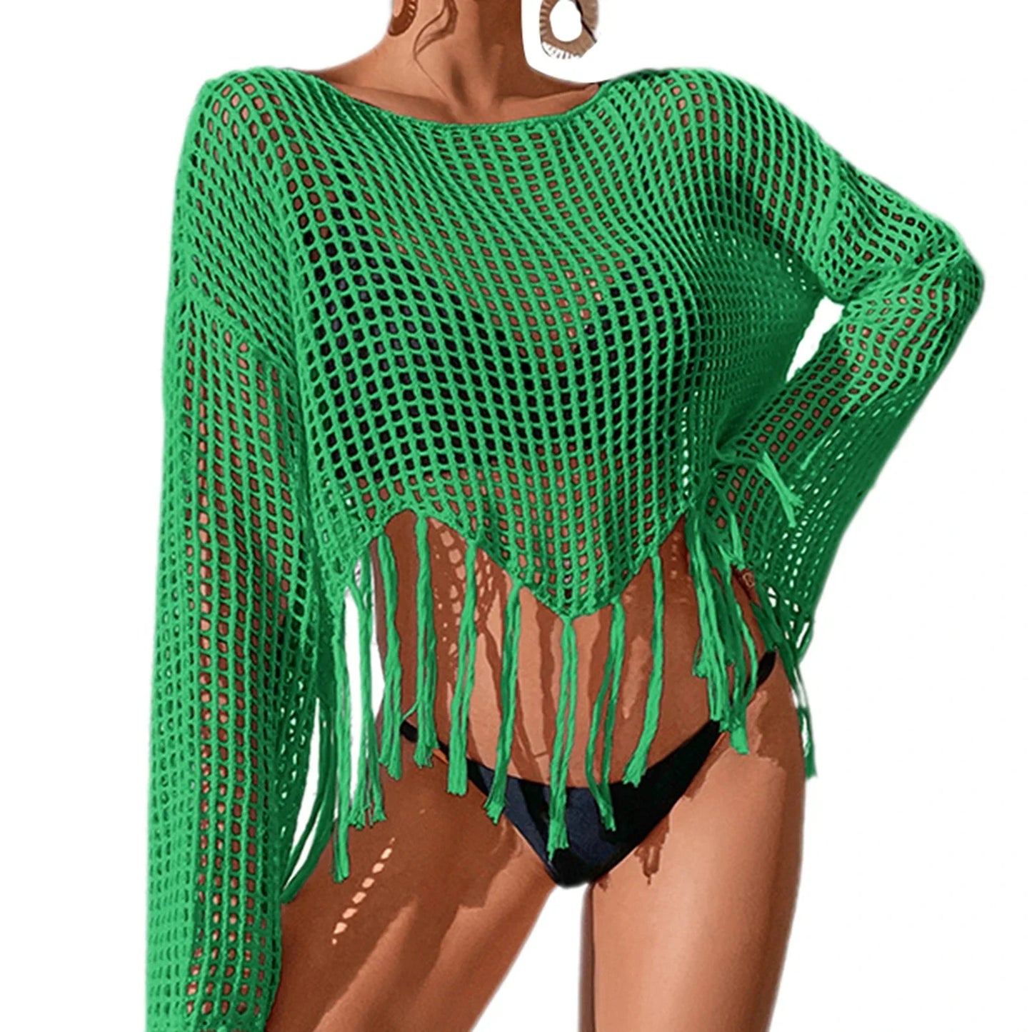 MQTIME - See Through Hollow Out Bikini Cover Ups Women Beachwear Flared Long Sleeve Tassel Smock Crop Tops Swimsuit Cover-Up
