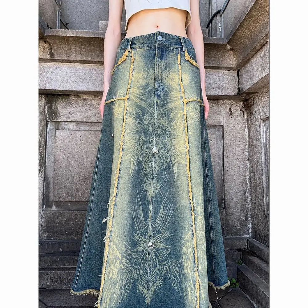 MQTIME - American High Waist Denim Skirt for Women with Raw Edge Autumn New Heavy Industry Embroidery Design Tassel A-line Long Skirt