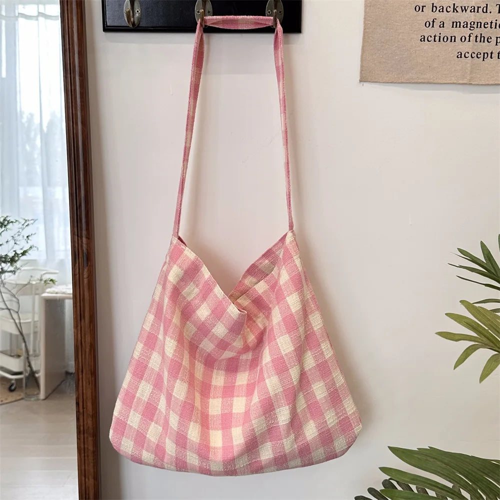 nvxiot - Retro Plaid Women's Canvas Shoulder Bag Casual College Girls Book Tote Travel Messenger Bags Female Eco Shopping Bag Handbags