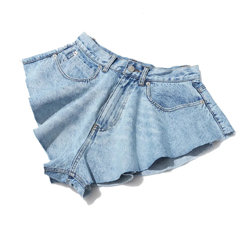 MQTIME - New Summer Fashion High Waist Ruffle Hem Denim Shorts Skirt Y2k Loose Ruched Short Light Blue Denim Washed Female Bottoms Zipper