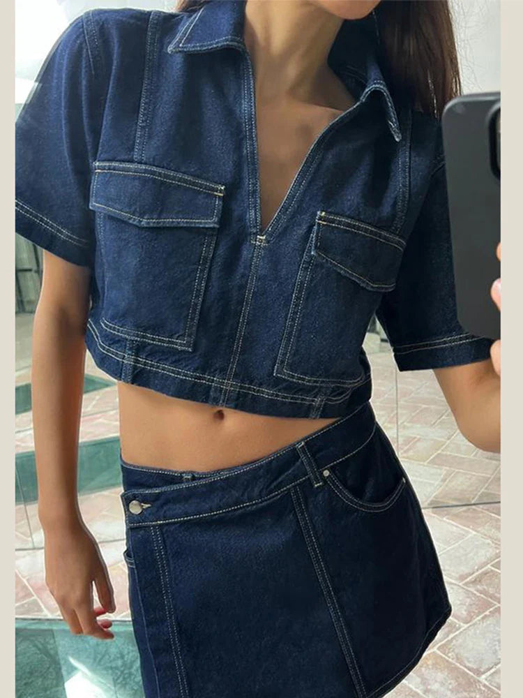 MQTIME - Denim Crop Coat Skirt Shorts 2 Piece Sets Women Fashion V-neck Short Sleeve Pocket Coats High Waist Short Summer Lady Streetwear