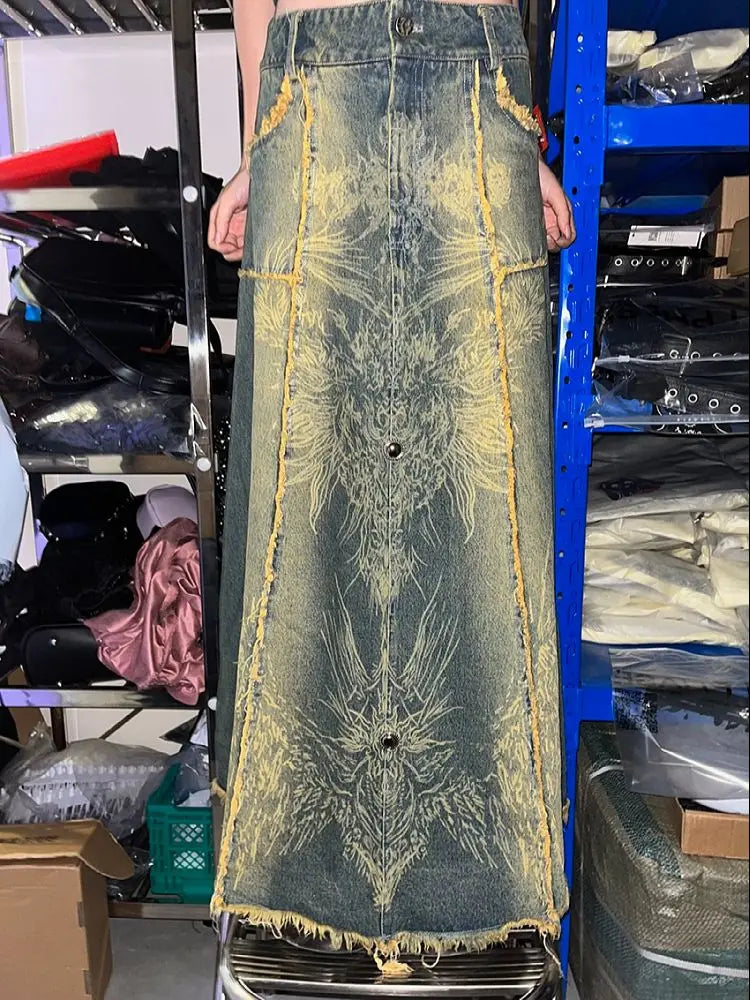 MQTIME - American High Waist Denim Skirt for Women with Raw Edge Autumn New Heavy Industry Embroidery Design Tassel A-line Long Skirt