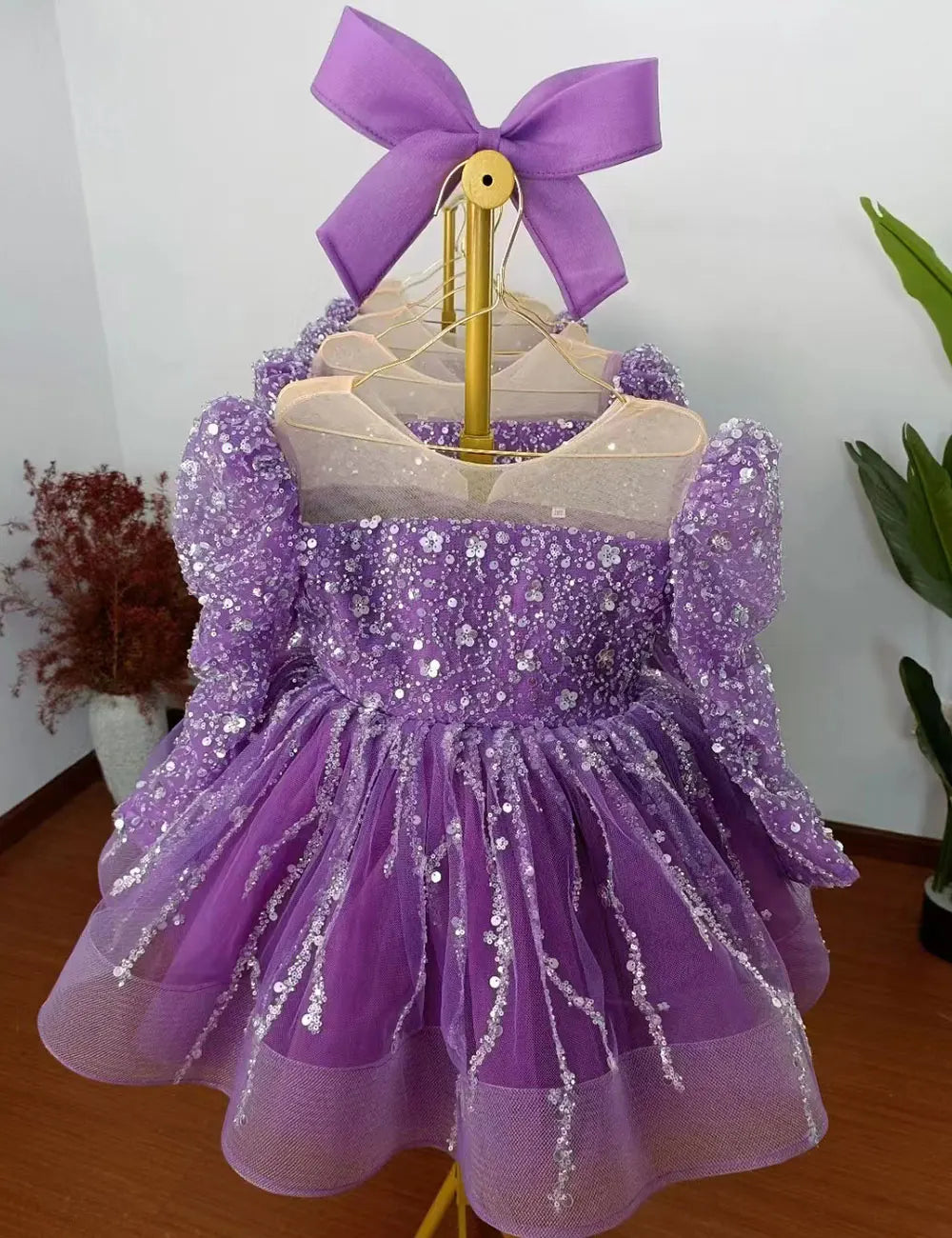 MQTIME - Sparkly Arabic Girl Dress Beading Purple Baby Kids Princess Birthday Wedding Party Children Holiday Gown 2024 J204