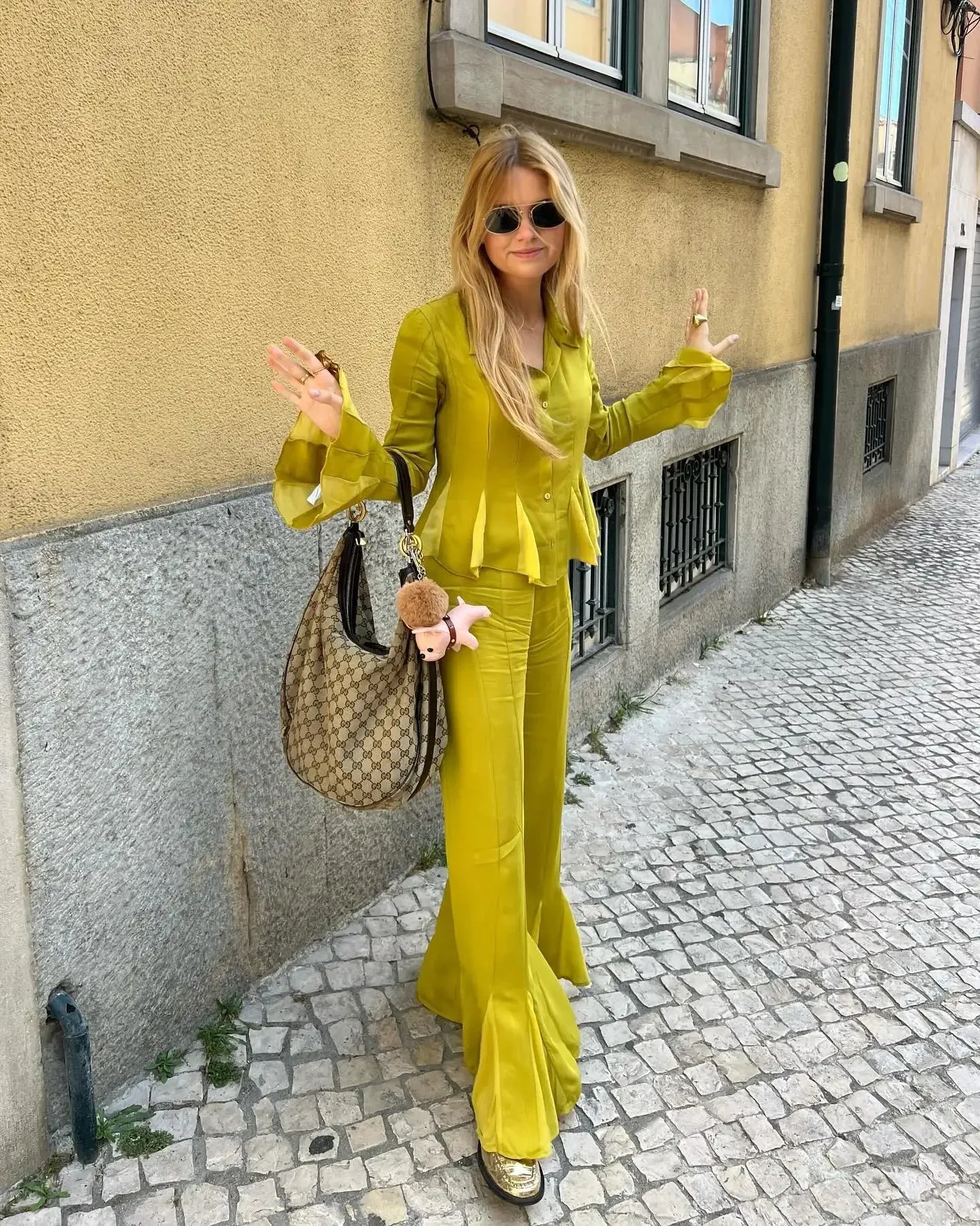MQTIME - Elegant Satin Straight Flared Pants Suit Women Fashion Lapel Long Sleeves Buttons Ruffles Shirt Sets Summer Lady Street Outfits