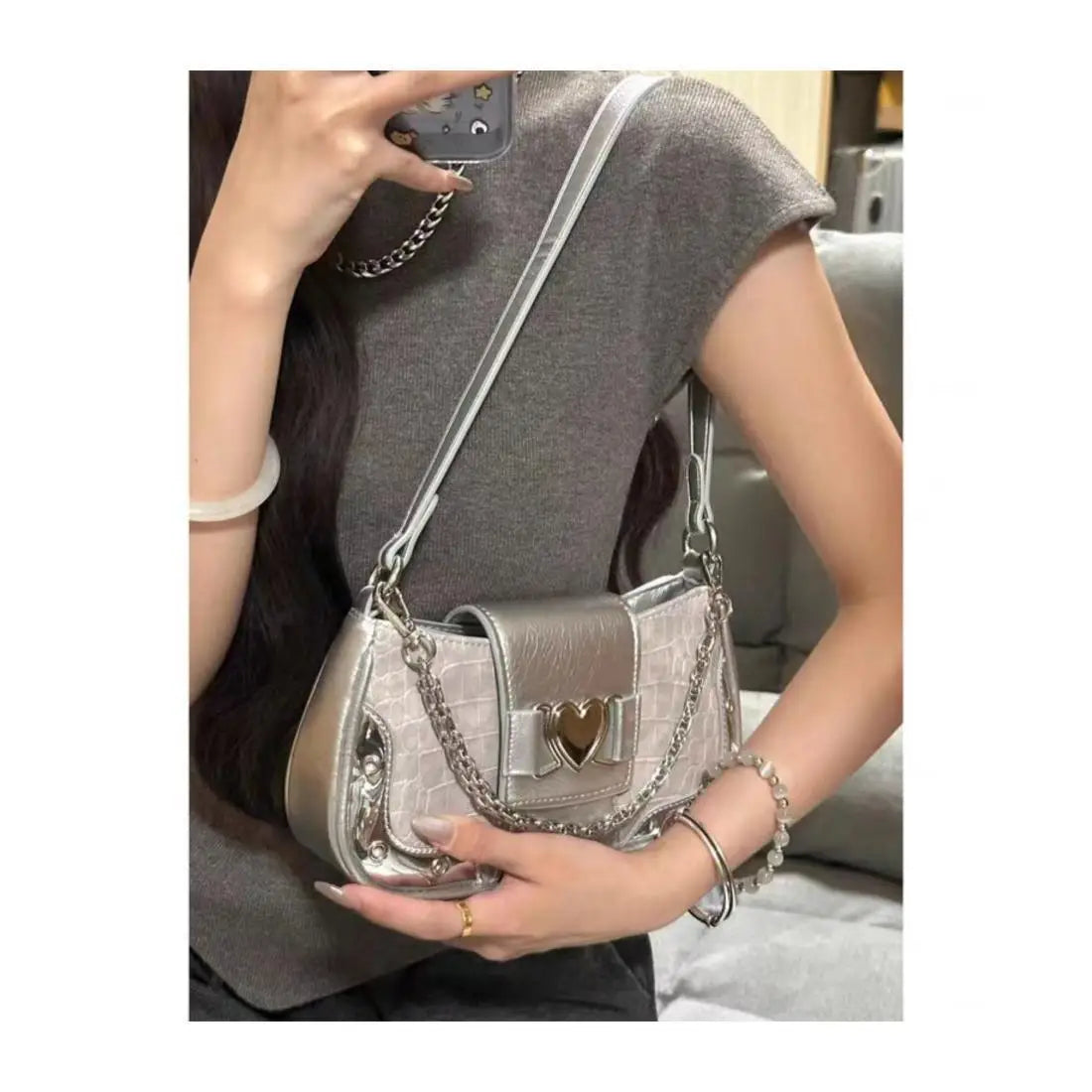 nvxiot - Hot Grils Y2k Handbag Women Vintage Sweet Cool Heart Chain Pink Underarm Bag Female Fairycore Aesthetic Shoulder Bag new