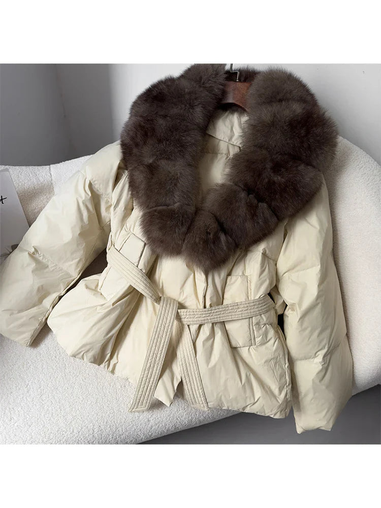 MQTIME - 2024 Autumn Winter Women 90% White Duck Down Jacket Fox Fur Coat Parkas Feather Short Puffer Coat