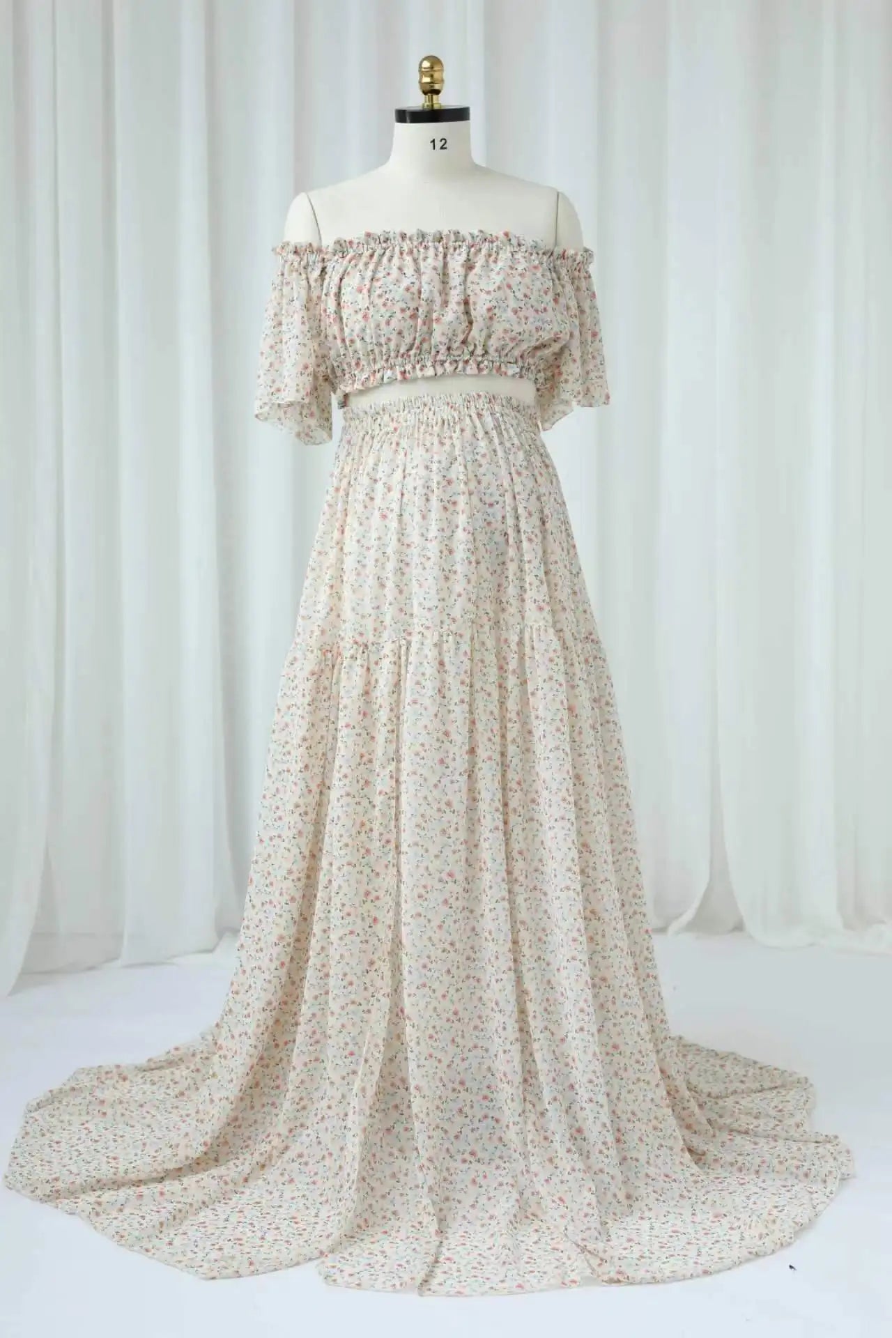 nvxiot - Maternity Photography Dress Elegant Floral chiffon Two-Piece Dress Photoshoot Photography Dress For Women Baby Showers