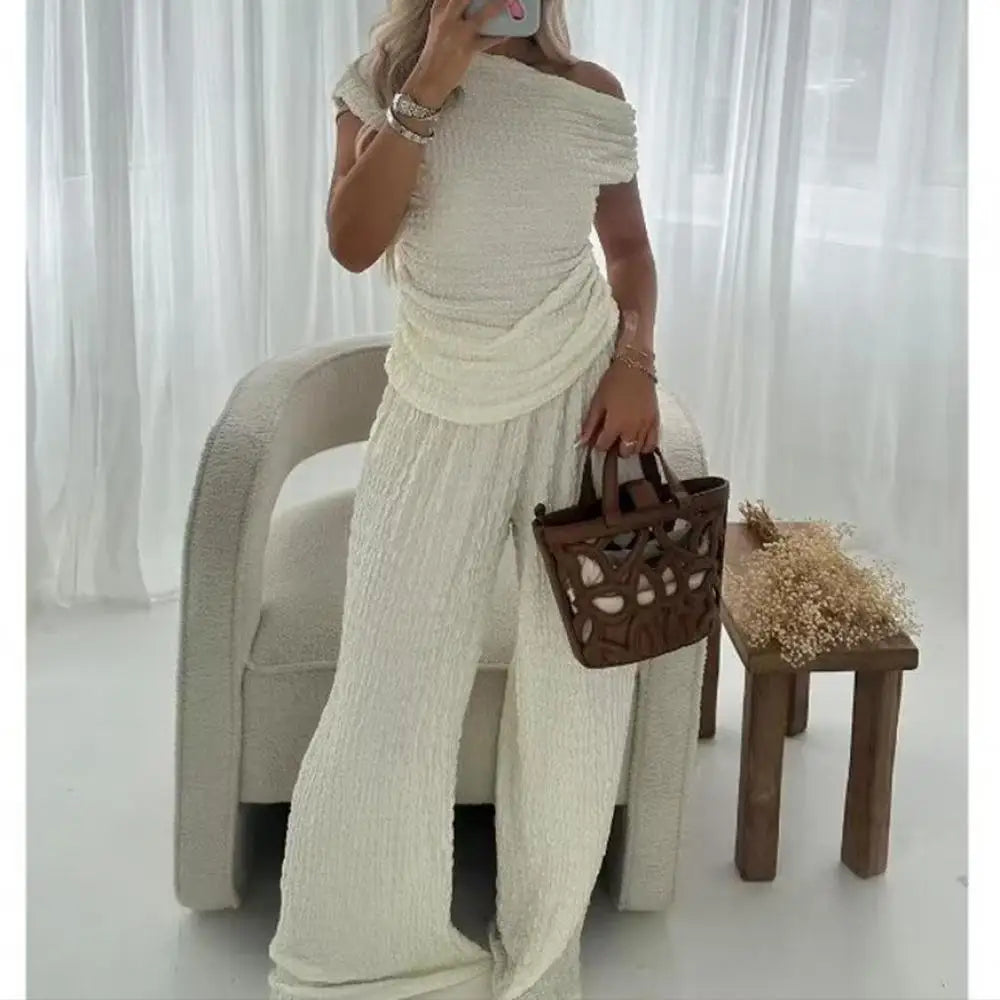 nvxiot - Woman Knitted Wide Leg Pants Set Asymmetric Textured Crop Tops Spring Summer Solid Casual Commuting Suits 2024 Fashion Lady Wear
