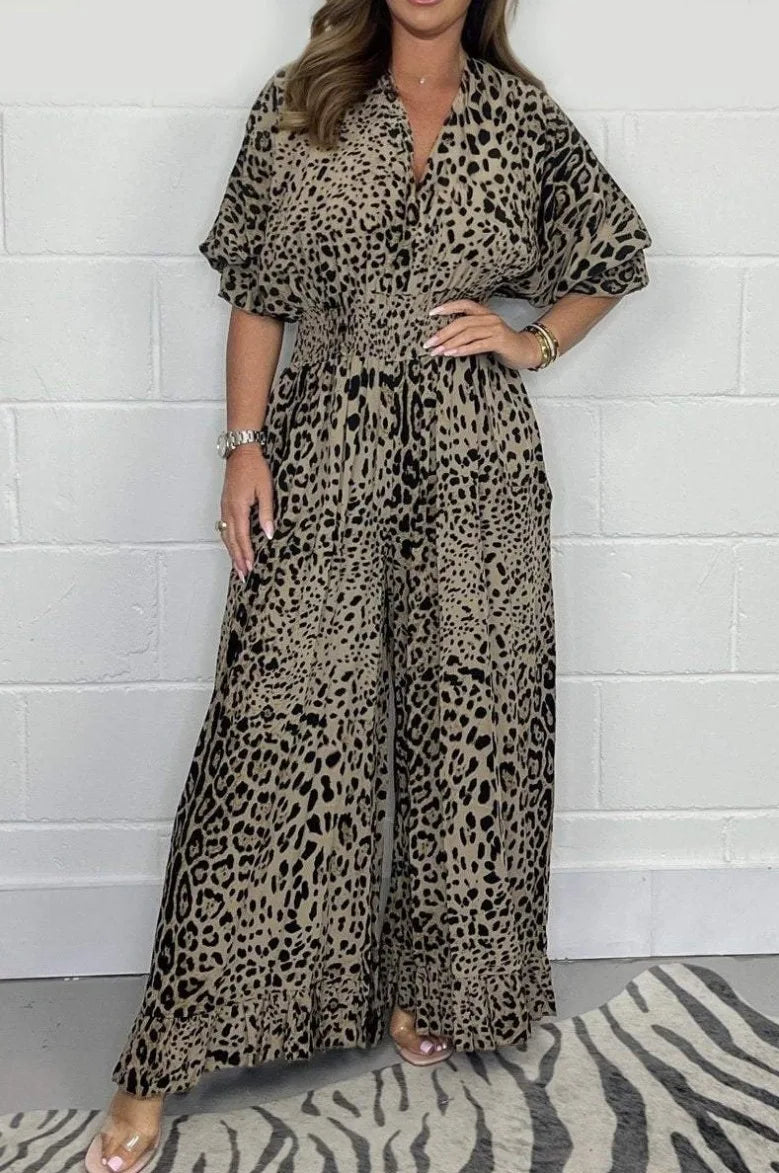 MQTIME - Leopard Print Casual loose Jumpsuits for Women Sexy Elegant Long Straight Pants Busineess Wide Leg Jumpsuit Dressy Party