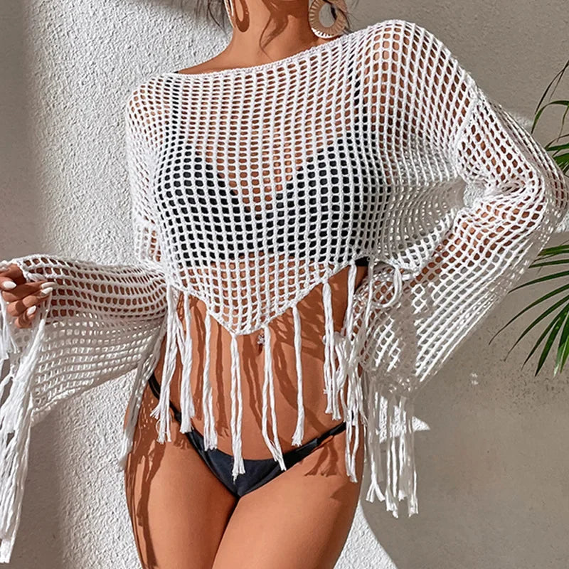 MQTIME - See Through Hollow Out Bikini Cover Ups Women Beachwear Flared Long Sleeve Tassel Smock Crop Tops Swimsuit Cover-Up