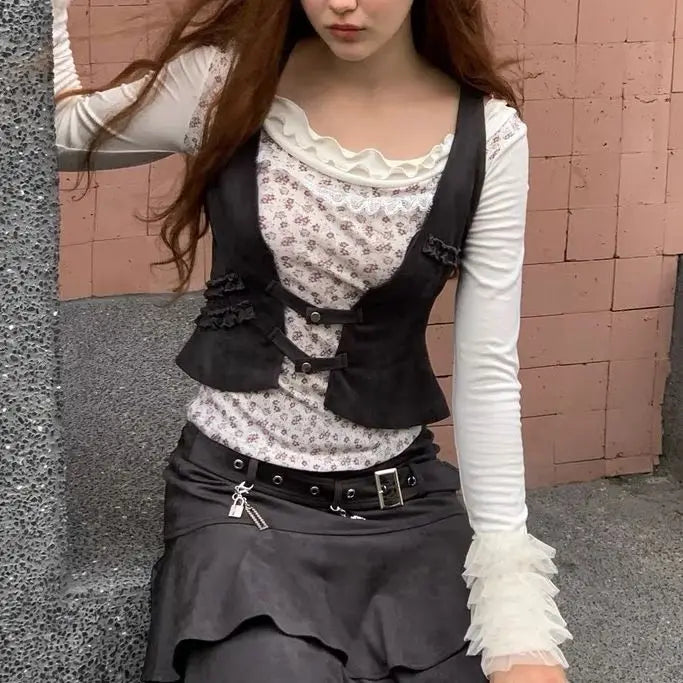 MQTIME - Mesh Fungus Ruffle Flower Graphic Slim Top Off Shoulder T-Shirt Women Fall T Shirt harajuku fairycore 2000s y2k grunge aesthetic