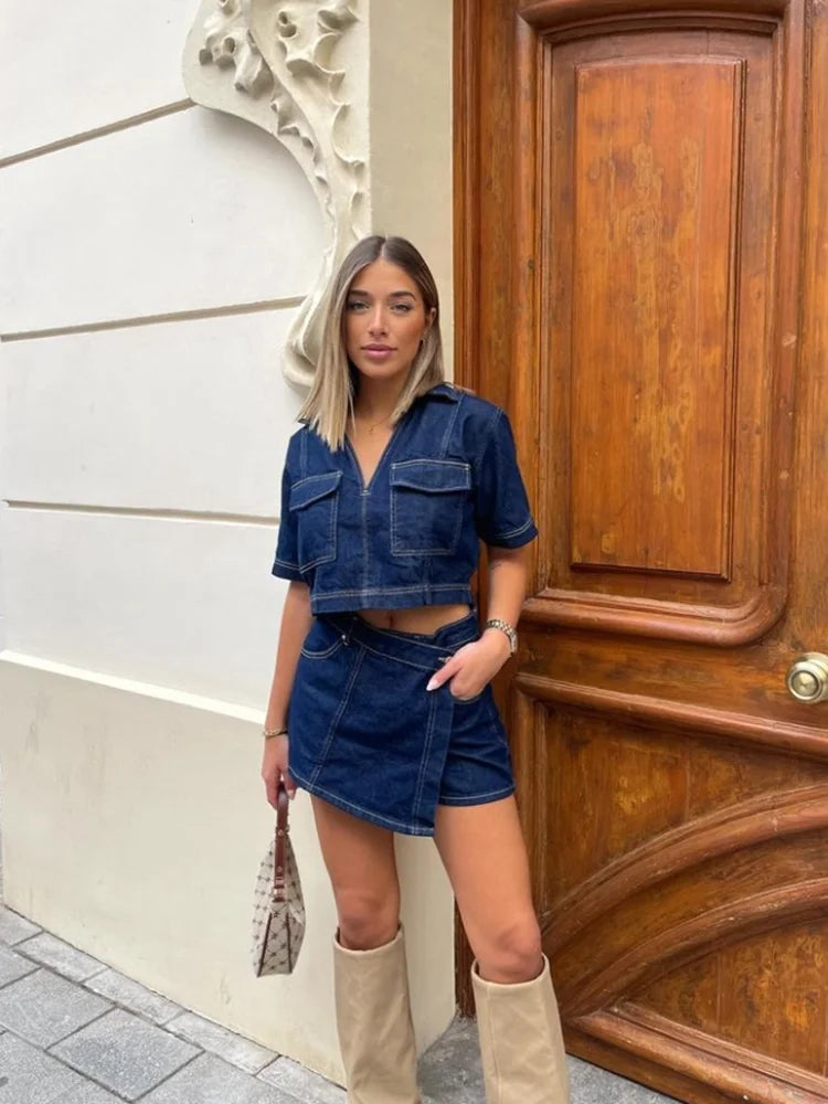 MQTIME - Women's 2024 Summer New Retro Versatile Short Denim Shirt 6164/070 Asymmetric Denim Skirt Shorts 6164/068