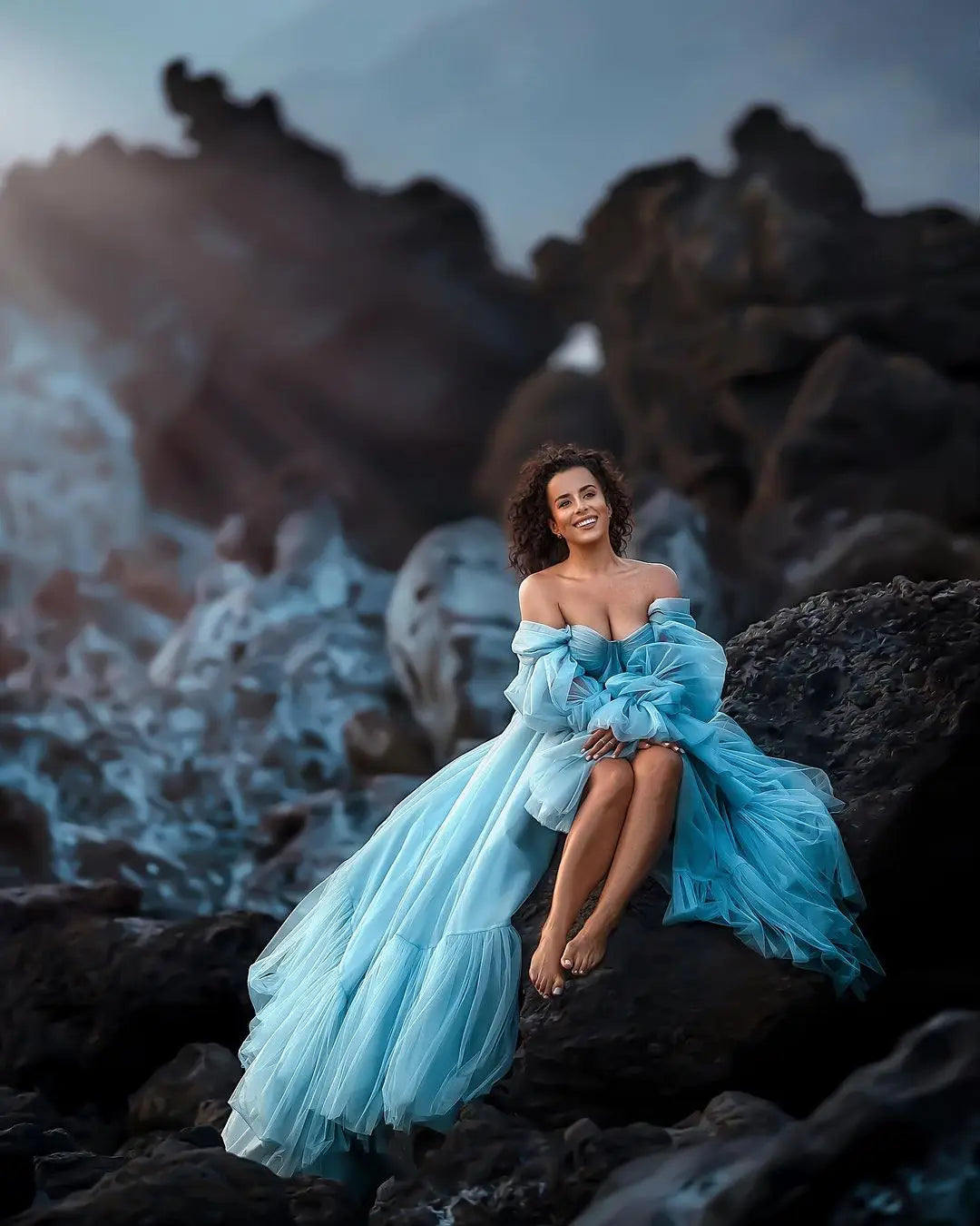 nvxiot - Pretty Blue Maternity Photography Dresses Fluffy Tulle Tiered Long Sleeves Pregnant Woman Maternity Gown Photography Dress 2024
