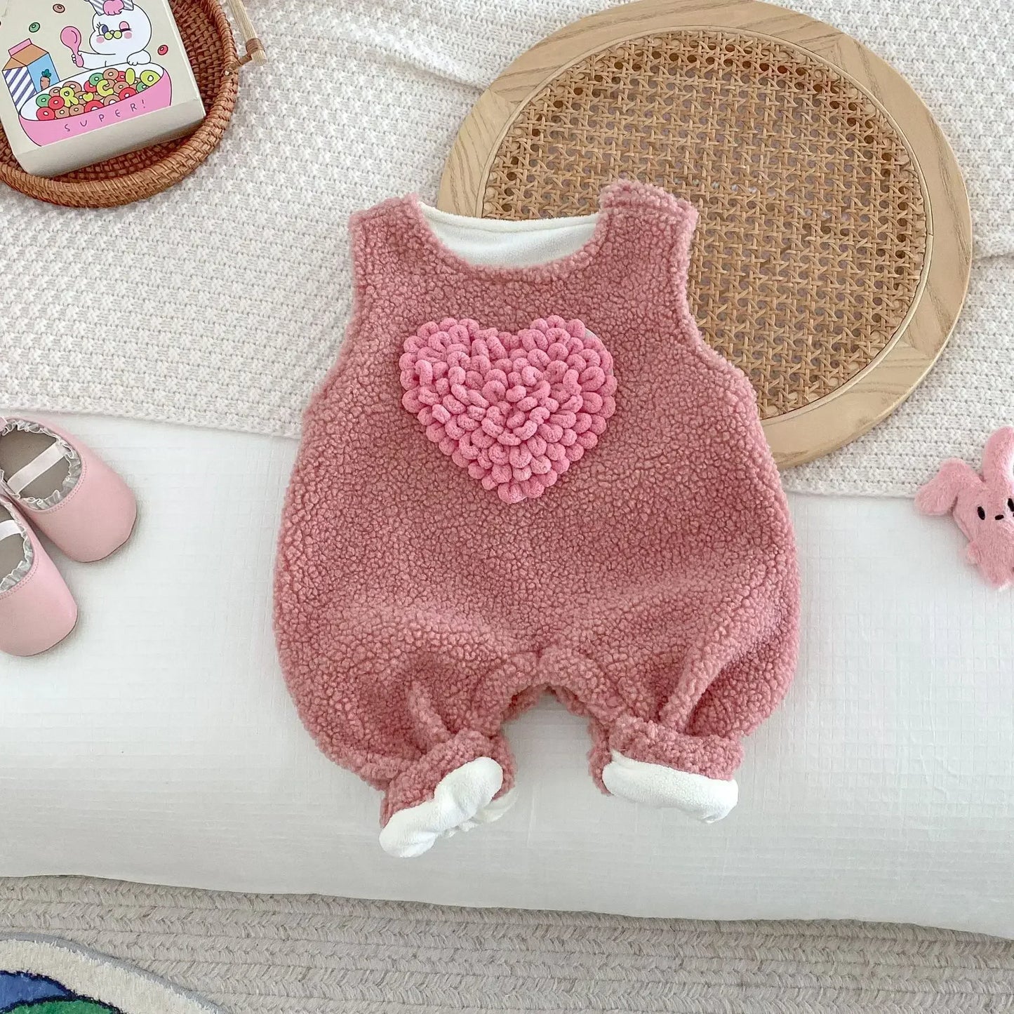 MQTIME - Autumn/Winter Baby Fleece Rompers 0-2 Y Infant Girls Sweet Heart Sleeveless Jumpsuit Toddler Warm Fur Outwear