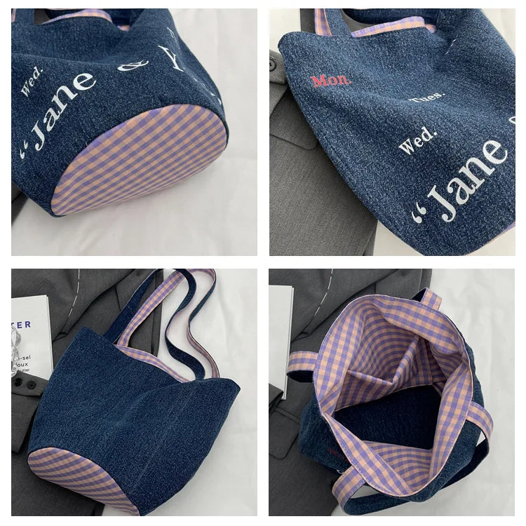MQTIME - Vintage Denim Bucket Bag Women New Letter Print Chic Large Capacity Shoulder Tote Bag Ladies Harajuku Casual Handbag Y2k